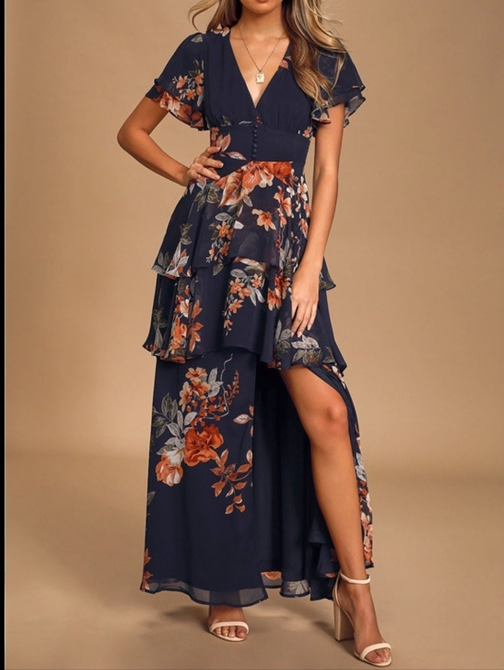 LULU'S NWT Navy Floral Tiered Maxi Dress with Ruffle Sleeves Size 16
